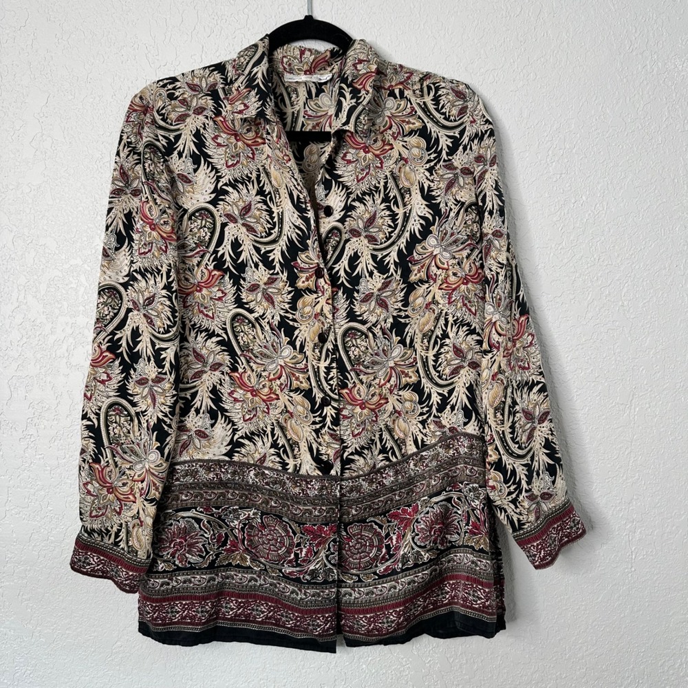 Vintage‎ Silk Anna & Frank Paisley Button-Down Blouse 80s-90s Baroque Print Top